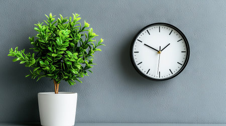 Elegant wall clock displaying time with potted plant. concept of traditions, timekeeping, home...