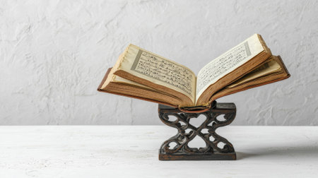Open quran on elegant stand against clean white background. concept of islamic faith, ramadan reflection, spiritual reading, sacred text.の写真素材