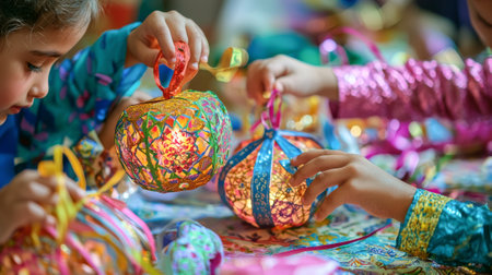 Diverse children crafting colorful ramadan lanterns. concept of cultural celebration, artistic...