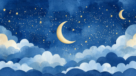 Ramadan night watercolor illustration with crescent moon and starry sky. concept of peace, tranquility, islamic heritage, spiritual reflection.の写真素材