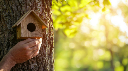 Close-up of Adult Hands Attaching Wooden Birdhouse to Tree in Sunlit Forest. Concept of Nature, Habitat Creation, Wildlife Support, Environmental Care, DIY Projects.の写真素材