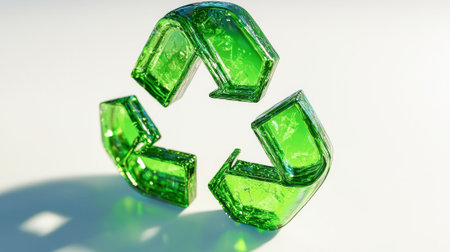 Glossy Green Glass Recycling Symbol on White Background for Environmental Sustainability Concept. Concept of Sustainability, Environmental Conservation, Eco-Friendly Practices, Green Innovation.の写真素材