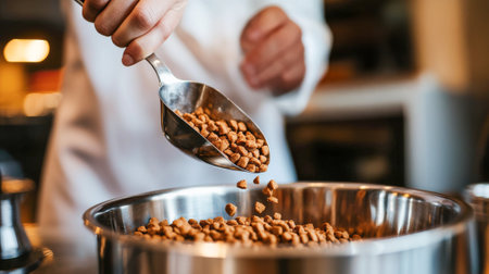 Close-Up of Man Hand in Light Shirt Holding Scoop Pouring Dry Pet Food into Bowl. Concept of Pet Care, Feeding Pets, Nutrition, Animal Wellness.の写真素材
