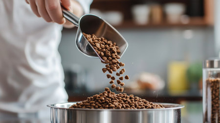 Human Man Hand in Light Shirt Pouring Pet Food from Metal Scoop into Bowl. Concept of Pet Care, Meal Preparation, Feeding Routine.の写真素材
