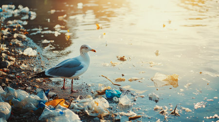 Lonely Seagull Standing Near Oil-Stained Shore Amongst Pollution and Debris at Sunset. Concept of...