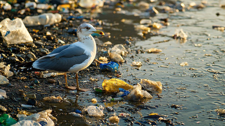 Lone Seagull Standing Near Oil-Stained Shore Amidst Ocean Pollution and Litter. Concept of Environmental Impact, Marine Pollution, Wildlife Challenges, Coastal Cleanup.の写真素材