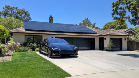 Modern House with Large Solar Panels and Electric Car in Driveway on a Sunny Day. Concept of...