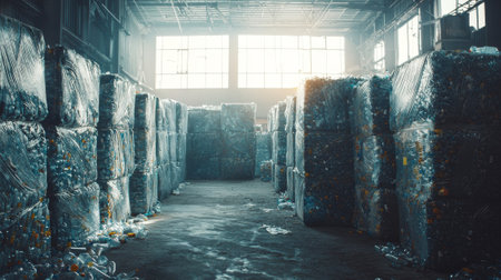 Large warehouse filled with compressed plastic bottles for recycling. Concept of waste management, environmental sustainability, plastic pollution, industrial recycling process, eco-friendly solutions.の写真素材