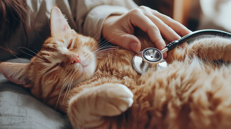 Relaxed Orange Cat Lying on Its Back While Veterinarian Gently Examines It with Stethoscope. Concept of Pet Care, Feline Health, Veterinary Checkup, Animal Relaxation.の写真素材