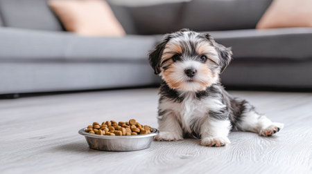 Adorable Small Puppy Sitting on Light Wooden Floor Next to Bowl of Dog Food in Cozy Home Interior.の写真素材