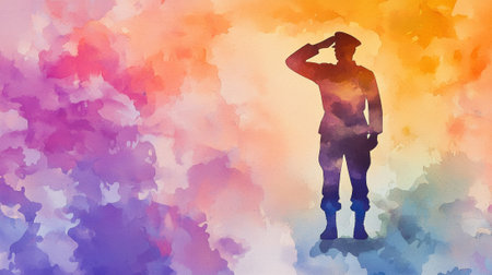 Silhouette of Soldier Saluting in Colorful Watercolor Background. Concept of Military Honor, Patriotism, Artistic Representation, National Pride. American Memorial Day. Copy space.の写真素材