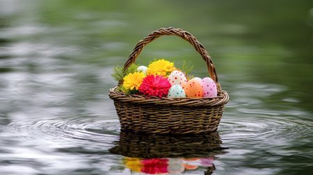 Easter basket with colorful eggs and flowers floating on calm lake. concept of tranquility, spring...
