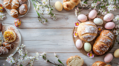 Elegant easter table arrangement with floral centerpiece and colorful eggs. concept of spring...