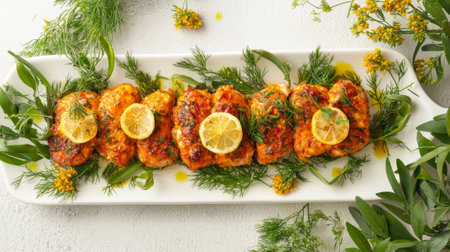Elegant traditional fish Salmon Sashimi garnished with fresh herbs and lemon slices. concept of...