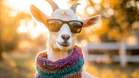 Playful goat wearing sunglasses and colorful scarf in sunlit pasture. concept of humor, farm life, animal fashion, cheerful livestock, funny animal.