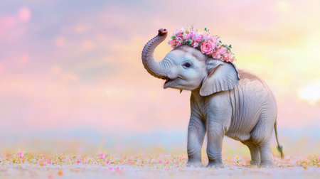 Adorable baby elephant raising trunk with floral crown in colorful landscape. concept of playfulness, nature's beauty, joyful wildlife, Cute Funny Animal, Summer Celebration. Copy space.の写真素材