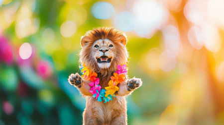 Cheerful dancing lion standing upright with floral lei on sunny day. concept of joy, nature, animal...