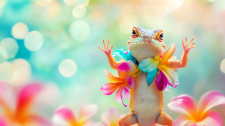 Cheerful lizard standing upright among colorful tropical flowers. concept of joy, nature, vivid...