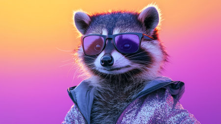 Cute raccoon wearing sparkly jacket and sunglasses enjoying vibrant evening. concept of playful...