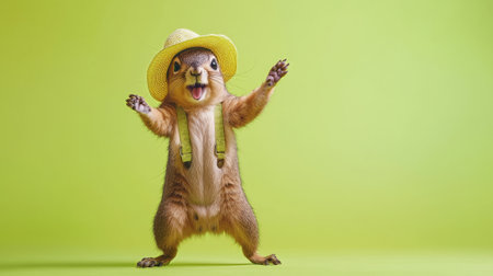 Cheerful squirrel dancing in summer hat on vibrant background. concept of playful wildlife, summer...