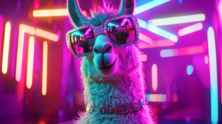 Glamorous llama in shiny disco glasses at vibrant neon party scene. concept of animal fun, nightlife, quirky fashion, funny animal, humor, disco party.の写真素材