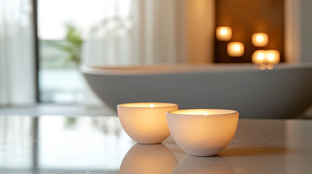 Lit Aromatherapy Candles in Luxury Spa Bathroom with Soft Natural Light. Concept of Relaxation,...