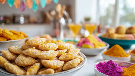 Traditional indian sweets gujiya for holi celebration. concept of festive indian cuisine, colorful...
