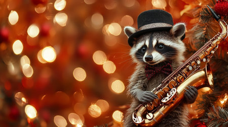 Charming raccoon in fedora and bow tie playing saxophone against festive lights. concept of anthropomorphic animals, holiday music, festive creativity, Funny animal, humor. Copy space.の写真素材