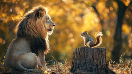 Majestic lion observing curious squirrel in tranquil forest scene. concept of nature's harmony, wildlife interaction, peaceful ecosystem, friendship between animals.の写真素材