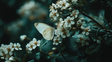 Start of spring, butterflies gracefully landing on vibrant blossoms. concept of renewal, nature's beauty, new beginnings.の写真素材