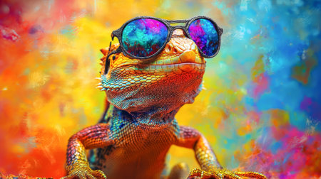 Vibrant lizard wearing sunglasses against abstract colors. concept of funky style, unique creativity, colorful expression, summer vibes, vacation, Funny animal, humor.の写真素材