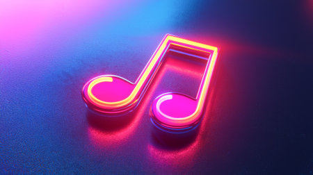 Vibrant neon music note on colorful gradient background. concept of music, futurism, and digital...