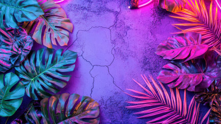 Neon Tropical Leaves Frame on Cracked Purple Wall with Copy Space. Concept of Exotic Jungle, Vibrant...