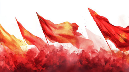 Abstract watercolor painting of red flags waving on international workers' day. concept of labor...