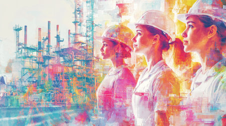 Diverse group of female workers celebrating international workers' day in industrial setting....