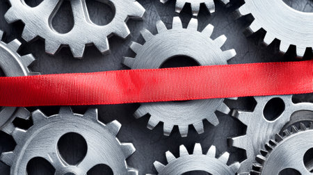 Close-up abstract of metallic gears with red ribbon symbolizing international workers day. concept...