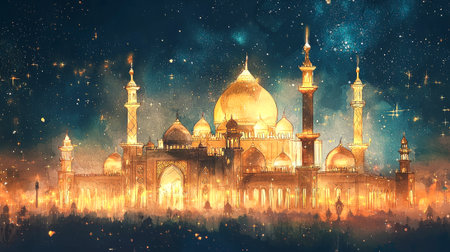 Ramadan watercolor illustration of beautiful mosque with glowing stars. concept of spirituality,...