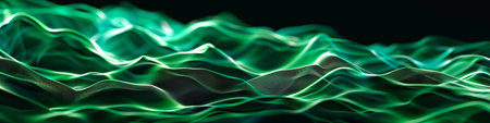 Abstract Green Wave Flow with Digital dotted Pattern on Dark Background. Concept of Technology, Innovation, Network, and Connectivity. Banner.の写真素材