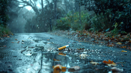 Abandoned Cigarette Butt on Rainy Forest Pathway in Autumn. Concept of Pollution, Environmental...