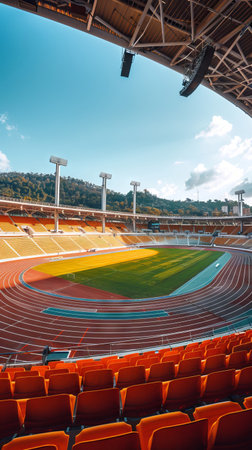 Empty Sports Stadium with Orange Seats Under Blue Sky - Concept of Athletic Venues, Event...