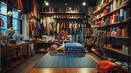 Cozy Sewing Workshop with Colorful Fabrics and Tools. Concept of Crafting, Creativity, Needlework,...