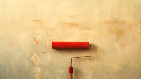 Top View of Clean Paint Roller Against Light Wall - Concept of Renovation, Home Improvement, DIY...