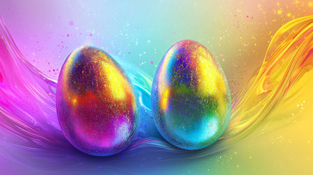 Rainbow holographic easter eggs on abstract colorful background. concept of festive celebration, vibrant design, spring holiday, artistic decoration.の写真素材