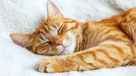 Peaceful orange cat sleeping on soft white background with copy space. concept of feline relaxation, cozy rest, tranquil pet moments, gentle serenity.の写真素材