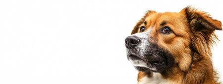 Close up of dog on white background with copy space. concept of canine portrait, pet photography, animal enthusiast, clean minimalism. Copy space.の写真素材