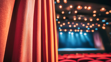 Dramatic close-up of red curtains opening on stage with focused lighting. concept of theater...