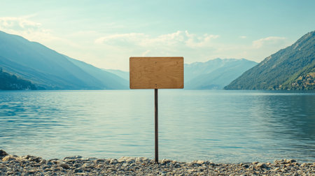 Empty wooden sign by calm lakeshore with clear water and mountain view. Concept of blank space, customizable message, nature landscape, signpost, tranquil environment. Copy space. Mockup.の写真素材