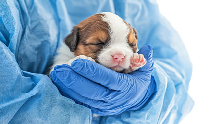 Caucasian male veterinarian in blue uniform holding newborn puppy. concept of pet care, veterinary compassion, animal welfare, professional caregiving, cute dog.の写真素材