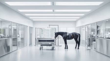 Horse receiving treatment in modern veterinary clinic. concept of animal care, equine health, professional veterinary services, medical treatment.の写真素材