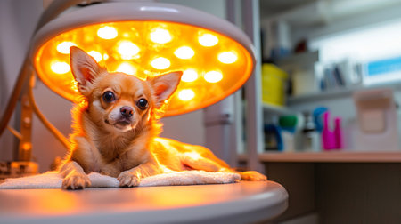 Small dog recovering under warm veterinary lamp in clinic. concept of pet care, animal recovery, veterinary medicine, healing environmentの写真素材